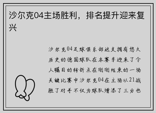 沙尔克04主场胜利，排名提升迎来复兴