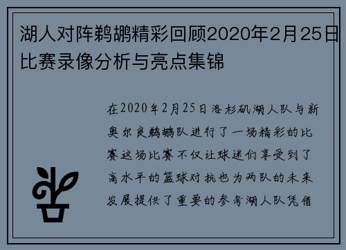 湖人对阵鹈鹕精彩回顾2020年2月25日比赛录像分析与亮点集锦