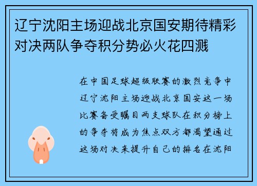 辽宁沈阳主场迎战北京国安期待精彩对决两队争夺积分势必火花四溅